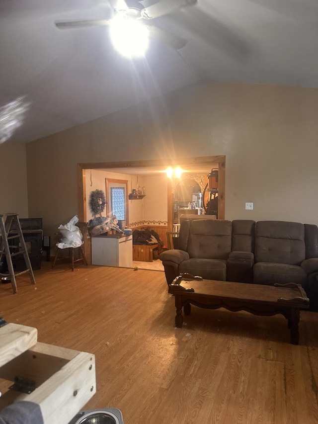 187 Purkis Rd, Buckfield, ME 04220 - living room with wood finished floors, ceiling fan, and vaulted ceiling