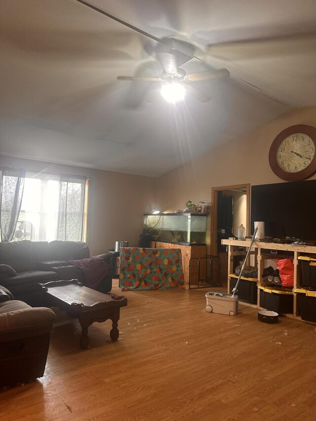187 Purkis Rd, Buckfield, ME 04220 - living room with a ceiling fan, wood finished floors, and vaulted ceiling