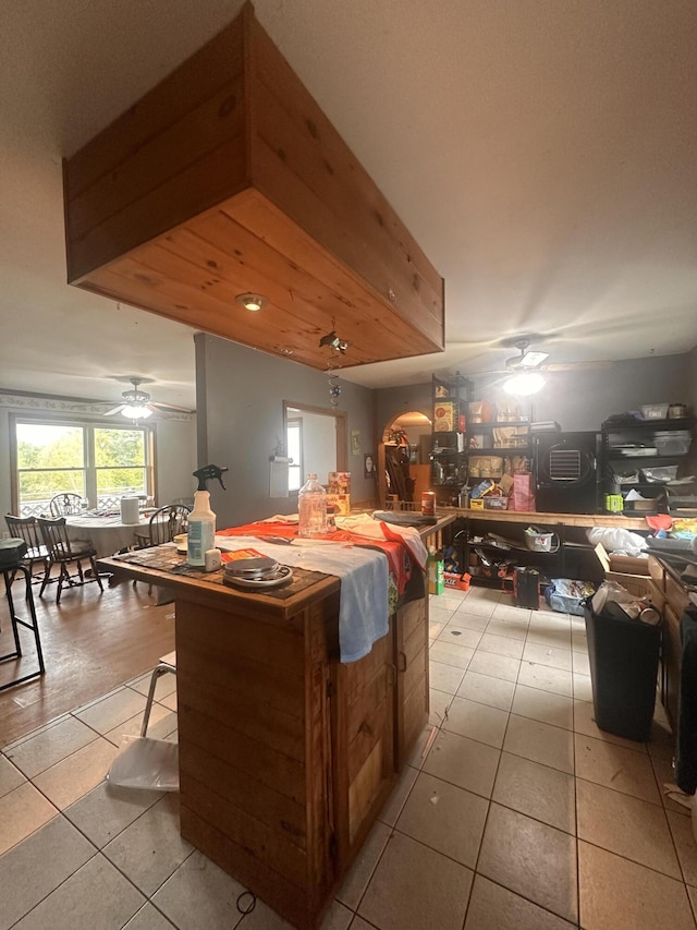 187 Purkis Rd, Buckfield, ME 04220 - kitchen with ceiling fan and light tile patterned floors