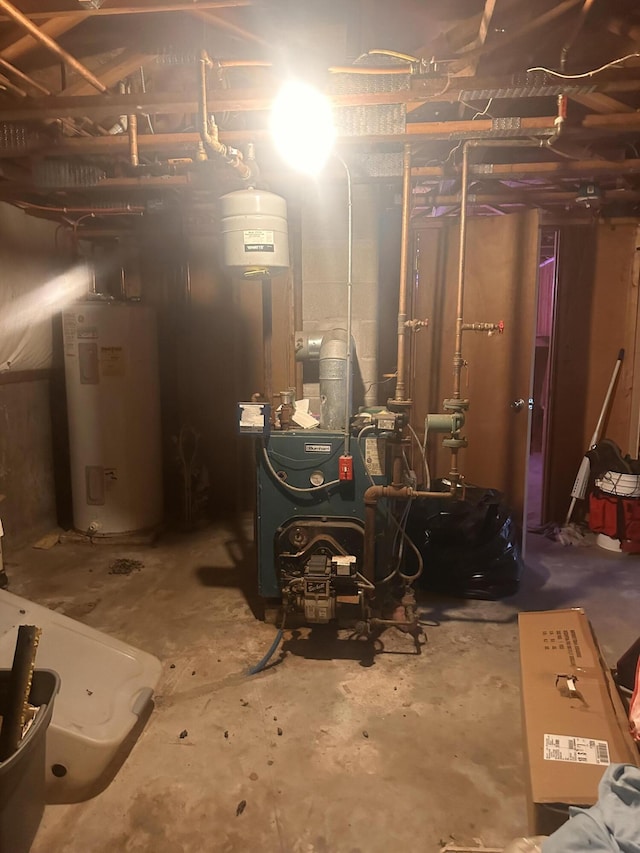 187 Purkis Rd, Buckfield, ME 04220 - unfinished basement with electric water heater and a heating unit