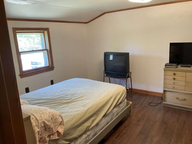 264 Watson Hill Rd, Limerick, ME 04048 - bedroom featuring ornamental molding, dark wood-type flooring, baseboards, and vaulted ceiling