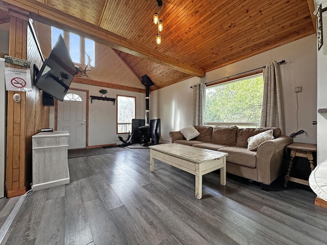 144 Sinclair Rd, Sinclair, ME 04779 - living room with a wood stove, wooden ceiling, and wood finished floors
