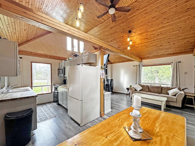 144 Sinclair Rd, Sinclair, ME 04779 - kitchen featuring appliances with stainless steel finishes, wood ceiling, a sink, a ceiling fan, and plenty of natural light