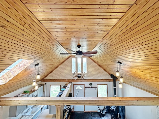 144 Sinclair Rd, Sinclair, ME 04779 - detailed view of wood ceiling, ceiling fan, and a skylight