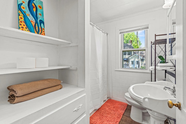4 Hillside Ave, Biddeford, ME 04005 - bathroom featuring ornamental molding, toilet, wood finished floors, and curtained shower