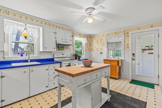 4 Hillside Ave, Biddeford, ME 04005 - kitchen with electric range, light floors, a sink, butcher block counters, and a wainscoted wall