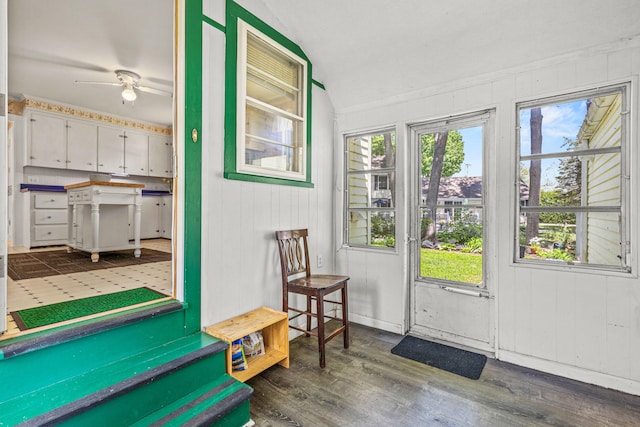 4 Hillside Ave, Biddeford, ME 04005 - doorway featuring wood finished floors, a ceiling fan, and lofted ceiling