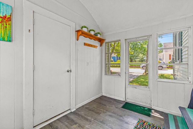 4 Hillside Ave, Biddeford, ME 04005 - doorway with wood finished floors, healthy amount of natural light, and lofted ceiling