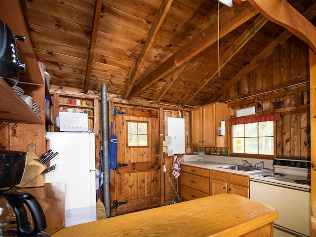 44 Cove Ln, Damariscotta, ME 04543 - kitchen featuring white appliances, wooden ceiling, a sink, plenty of natural light, and light countertops