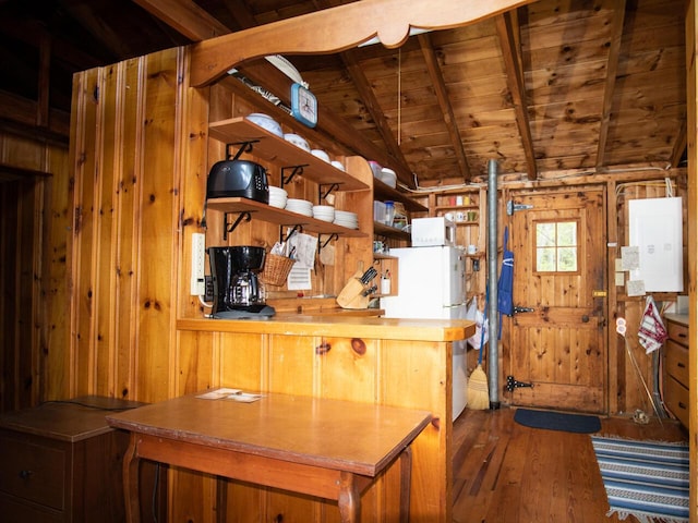 44 Cove Ln, Damariscotta, ME 04543 - kitchen featuring wood ceiling, wooden walls, hardwood / wood-style flooring, open shelves, and freestanding refrigerator