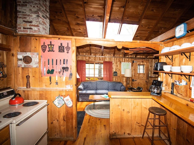 44 Cove Ln, Damariscotta, ME 04543 - kitchen featuring white range with electric cooktop, wooden walls, wood ceiling, open shelves, and wood finished floors