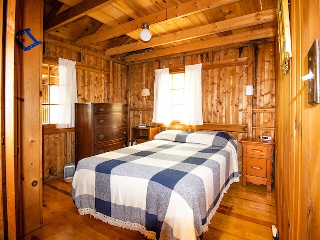 44 Cove Ln, Damariscotta, ME 04543 - bedroom featuring wooden walls, hardwood / wood-style flooring, and wood ceiling with exposed beams