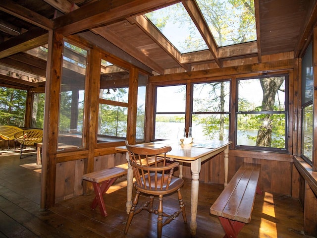 44 Cove Ln, Damariscotta, ME 04543 - sunroom / solarium featuring hardwood / wood-style floors, wood ceiling, a skylight, and wooden walls