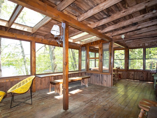 44 Cove Ln, Damariscotta, ME 04543 - sunroom / solarium featuring a wooden deck, hardwood / wood-style floors, a skylight, and wooden walls