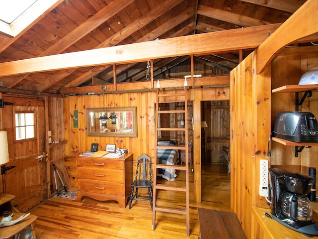 44 Cove Ln, Damariscotta, ME 04543 - interior space with wood finished floors, wooden walls, wooden ceiling, and a skylight