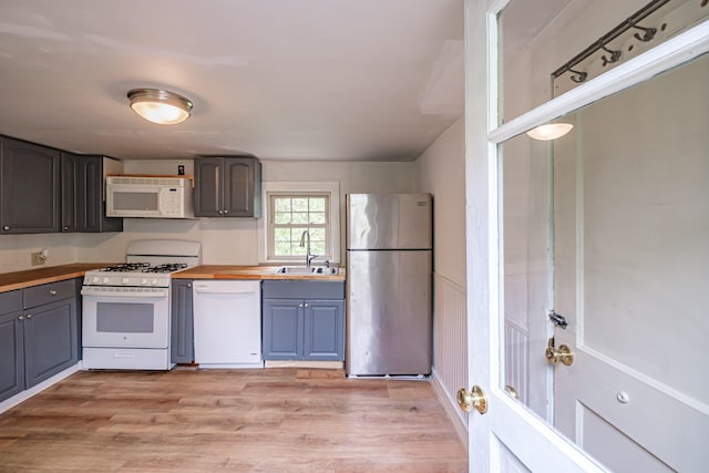 41 Bolton Hill Rd, Augusta, ME 04330 - kitchen featuring white appliances, a sink, butcher block counters, light wood finished floors, and gray cabinets