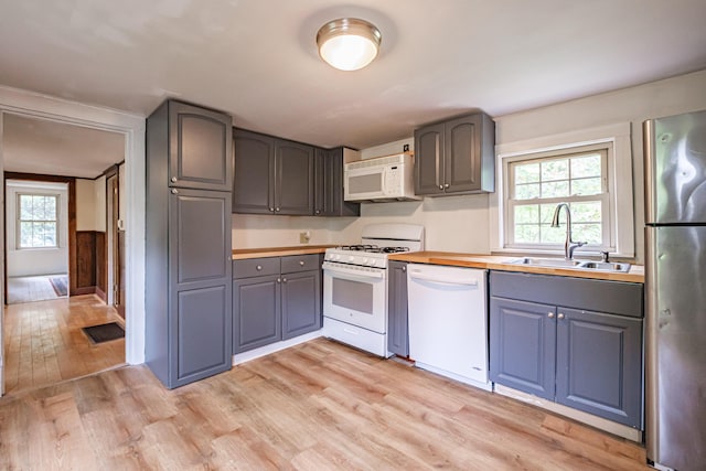 41 Bolton Hill Rd, Augusta, ME 04330 - kitchen with white appliances, a sink, gray cabinetry, light wood finished floors, and wood counters