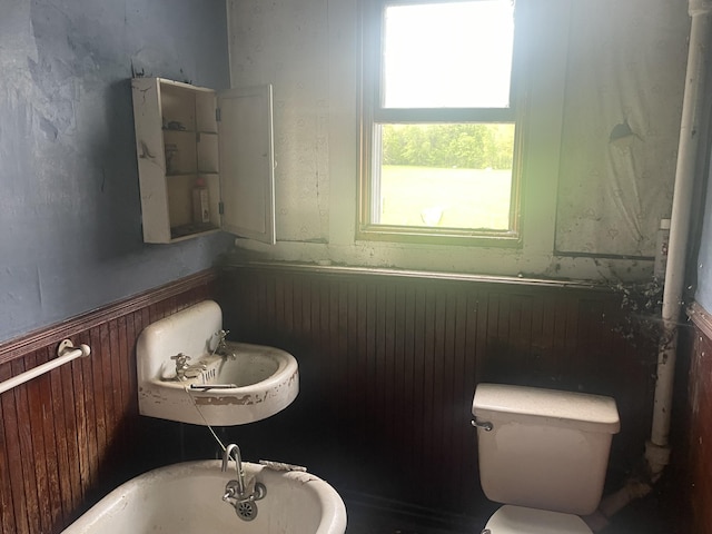 722 Farmington Rd, Strong, ME 04983 - full bathroom featuring a wainscoted wall, a bathtub, toilet, and a sink