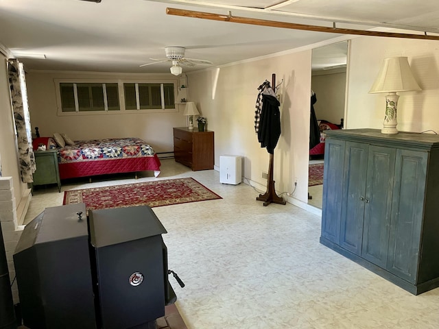 2130 Summerhaven Rd, Sidney, ME 04330 - bedroom with tile patterned floors, baseboards, baseboard heating, ceiling fan, and crown molding