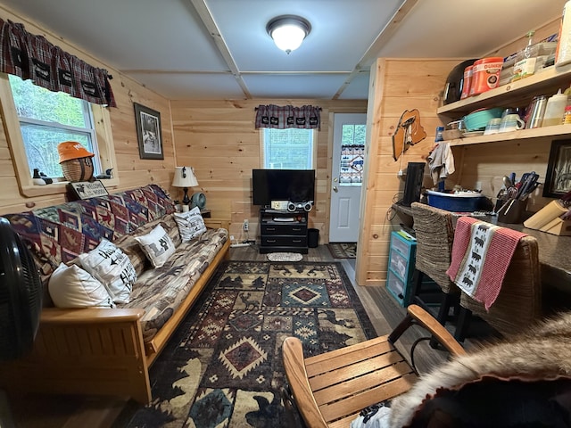 172 Blanchard Rd, Monson, ME 04464 - living room featuring healthy amount of natural light, wooden walls, and wood finished floors