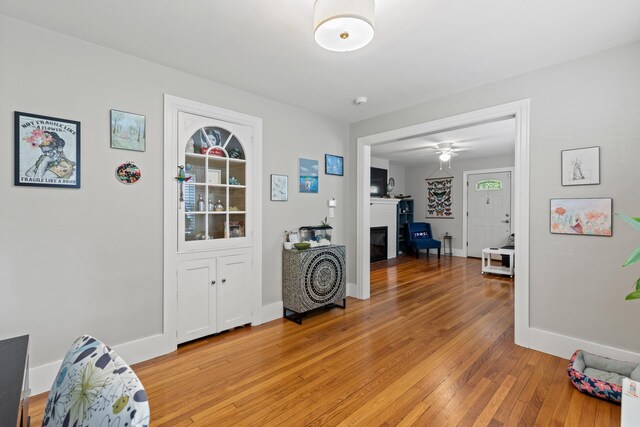 224 N St Unit 101-102, Saco, ME 04072 - foyer with a glass covered fireplace, light wood-style floors, baseboards, and a ceiling fan