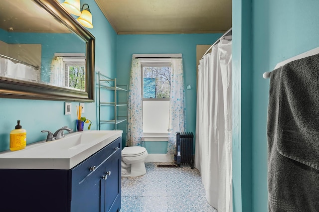 43 Whales Back Rd, Sullivan, ME 04664 - bathroom with toilet, vanity, speckle patterned floor, and crown molding