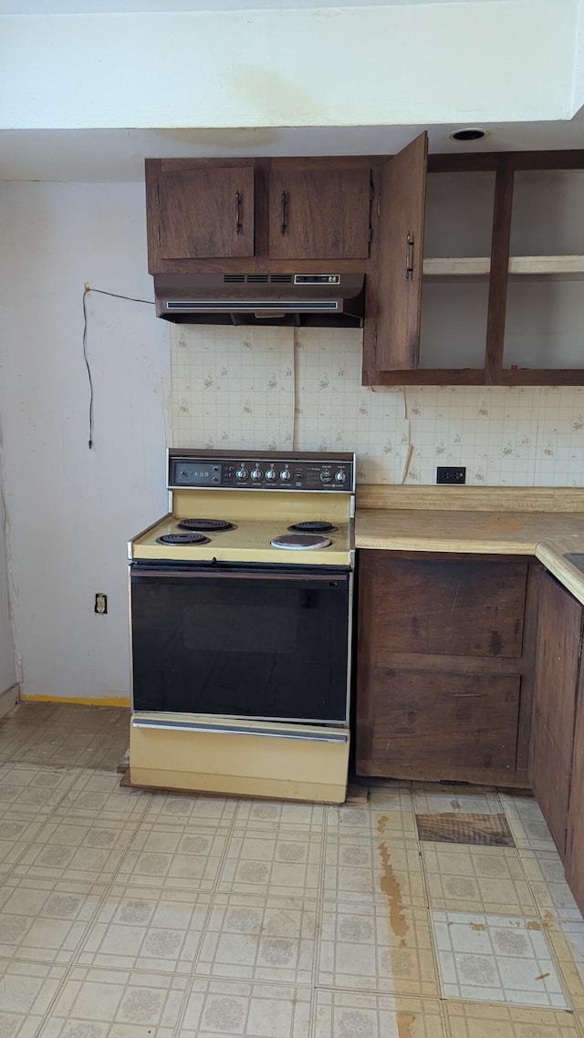 19 Lubec Rd, Whiting, ME 04691 - kitchen with range with electric cooktop, under cabinet range hood, open shelves, light countertops, and light floors