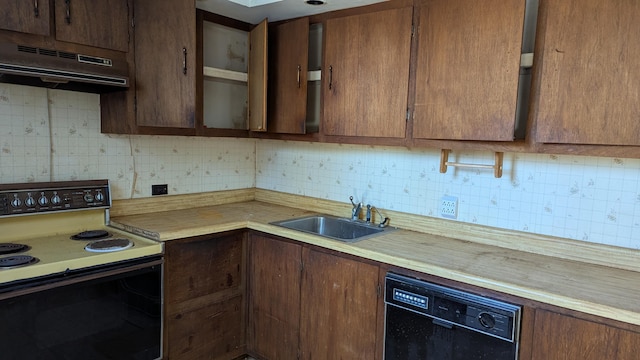 19 Lubec Rd, Whiting, ME 04691 - kitchen featuring electric stove, black dishwasher, a sink, under cabinet range hood, and tasteful backsplash