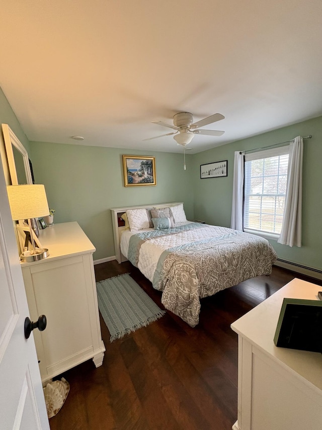 16 Caron Dr, Howland, ME 04448 - bedroom featuring dark wood-style floors, a baseboard radiator, and ceiling fan