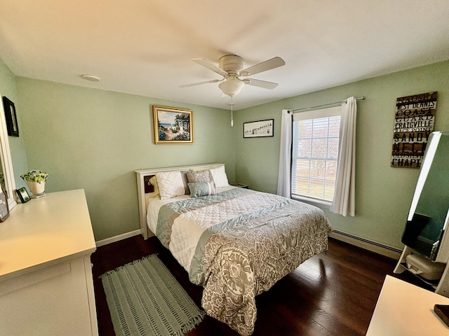 16 Caron Dr, Howland, ME 04448 - bedroom featuring a baseboard heating unit, wood finished floors, ceiling fan, and baseboards