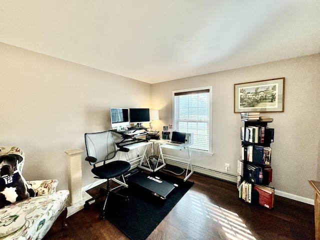16 Caron Dr, Howland, ME 04448 - office area featuring wood finished floors, a baseboard heating unit, and baseboards