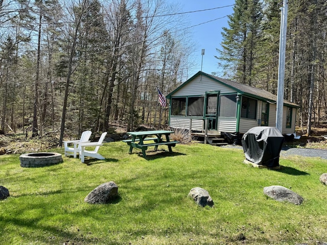 15 Wilson Pond Rd (Hedgehog), Unit Hedgehog Greenville, ME 04441 - rear view of property featuring an outdoor fire pit, a sunroom, and a yard