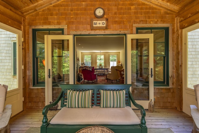 337 Washington St, Camden, ME 04843 - sunroom featuring hardwood / wood-style floors, french doors, wood ceiling, healthy amount of natural light, and wood walls