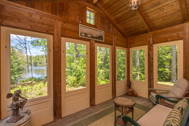 337 Washington St, Camden, ME 04843 - sunroom / solarium with a water view, wood ceiling, plenty of natural light, wood walls, and high vaulted ceiling