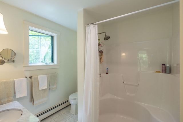 337 Washington St, Camden, ME 04843 - bathroom with a baseboard radiator, toilet, tile patterned flooring, and vanity