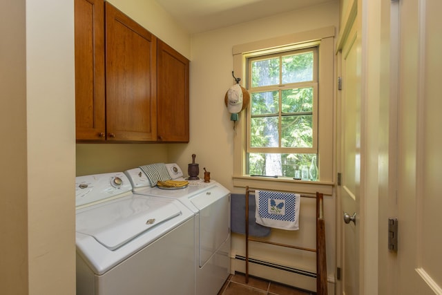 337 Washington St, Camden, ME 04843 - laundry room with a baseboard heating unit, cabinet space, washer and clothes dryer, and dark tile patterned flooring