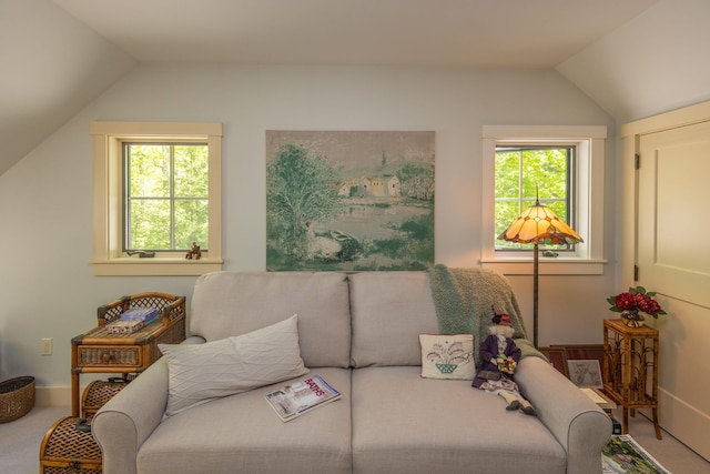 337 Washington St, Camden, ME 04843 - living room with vaulted ceiling, healthy amount of natural light, and carpet floors