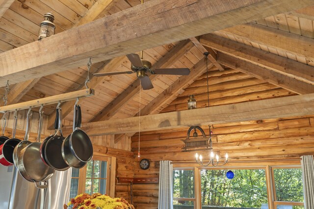 17 Spruce Meadow Ln, Jefferson, ME 04348 - detailed view of wooden ceiling with exposed beams and ceiling fan