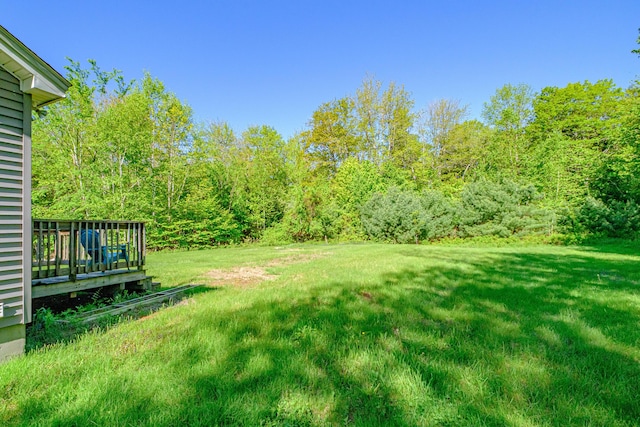 175 Lake House Rd, Naples, ME 04055 - view of green lawn with a wooden deck and a forest view