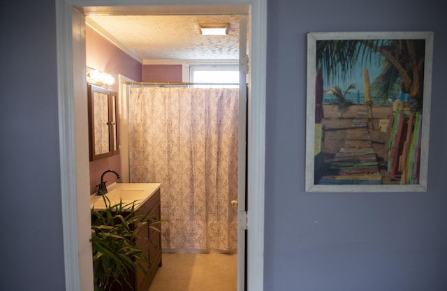 15 Lucille St, Saco, ME 04072 - bathroom with vanity, a textured ceiling, and a shower with curtain