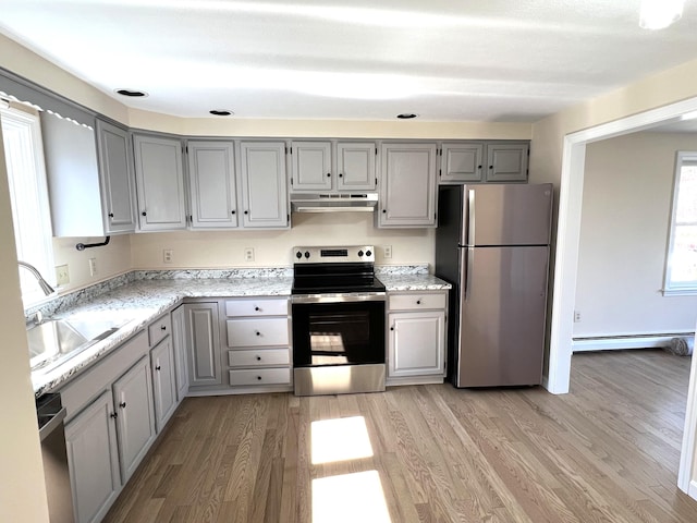 162 Beach St Unit 3, Saco, ME 04072 - kitchen featuring appliances with stainless steel finishes, under cabinet range hood, a baseboard radiator, gray cabinets, and a sink