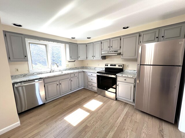 162 Beach St Unit 3, Saco, ME 04072 - kitchen with appliances with stainless steel finishes, a sink, under cabinet range hood, gray cabinets, and recessed lighting