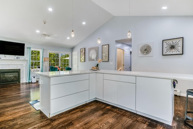 4 Dragonfly Cir, Limerick, ME 04048 - kitchen with white cabinets, high vaulted ceiling, light countertops, dark wood-style flooring, and modern cabinets