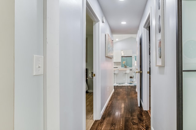 4 Dragonfly Cir, Limerick, ME 04048 - hallway featuring dark wood-type flooring, baseboards, and recessed lighting
