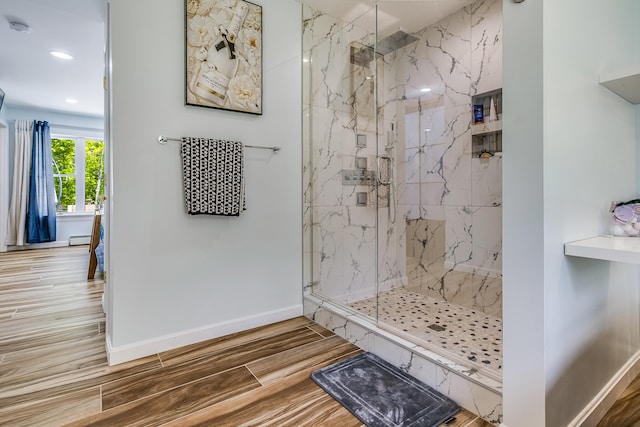 4 Dragonfly Cir, Limerick, ME 04048 - full bath featuring a marble finish shower, wood finished floors, baseboards, a baseboard radiator, and recessed lighting