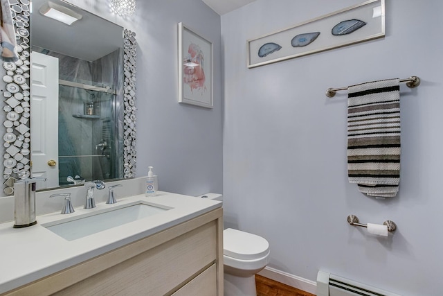 4 Dragonfly Cir, Limerick, ME 04048 - bathroom featuring a stall shower, toilet, vanity, baseboard heating, and wood finished floors
