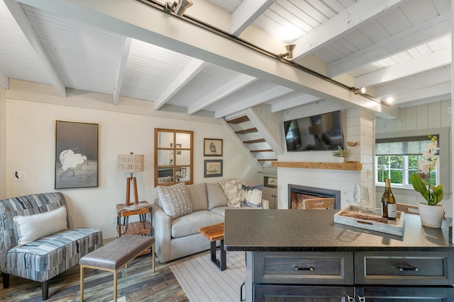 13 Ledge Rd Unit 3, Ogunquit, ME 03907 - living room featuring beam ceiling, dark wood finished floors, and a fireplace