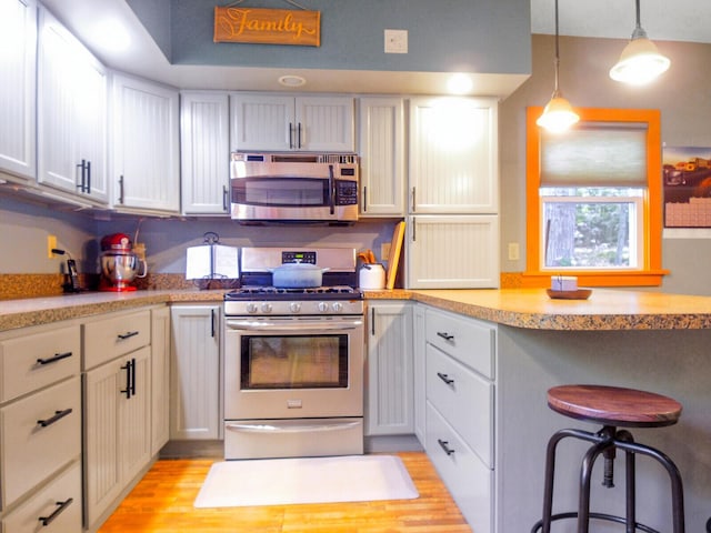 103 Taylor Woods Rd, Belgrade, ME 04917 - kitchen featuring stainless steel appliances, light countertops, light wood finished floors, a kitchen breakfast bar, and pendant lighting