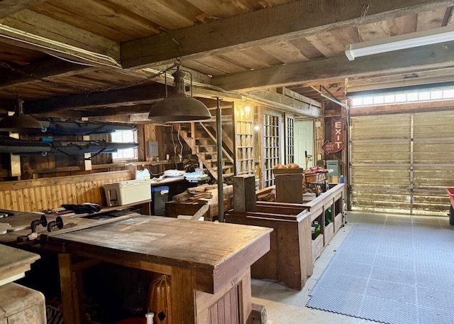 2103 US Highway 1, Sullivan, ME 04664 - garage with wooden walls, a workshop area, and wood ceiling