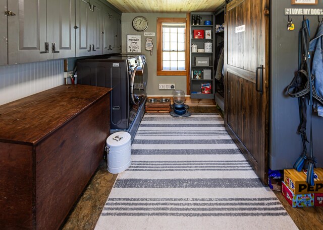 2103 US Highway 1, Sullivan, ME 04664 - laundry room with cabinet space, washer and dryer, and wooden ceiling